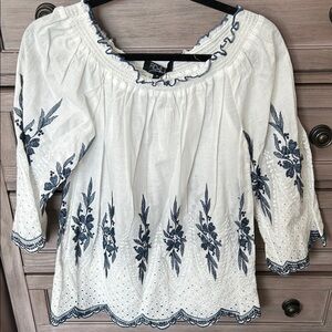 Elegant White Blouse with Navy Embroidery